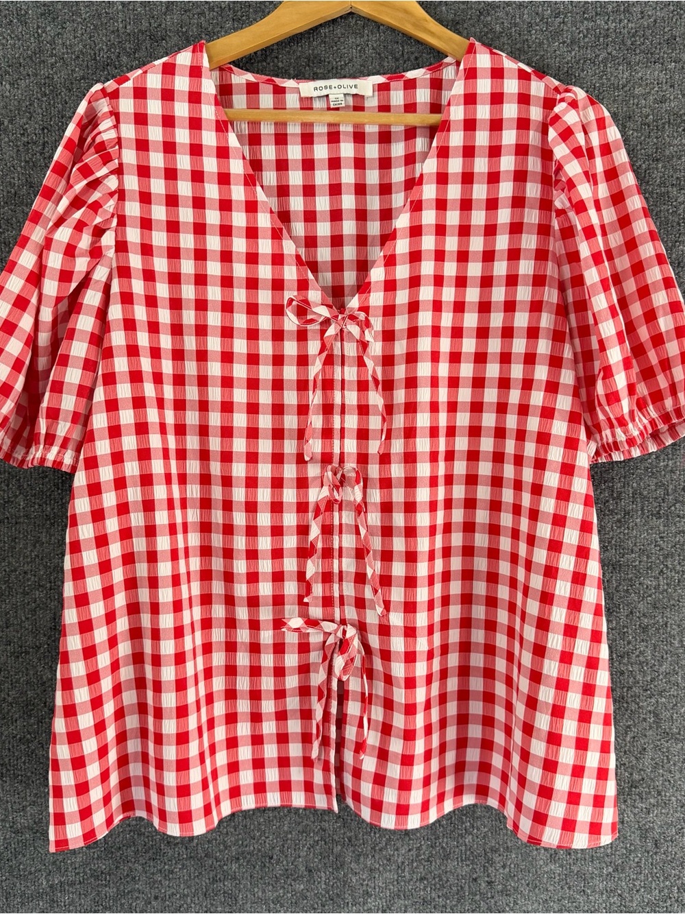 Rose & Olive Womens Gingham Puff Sleeve Top Size 1X Red White Picnic 4th Of July